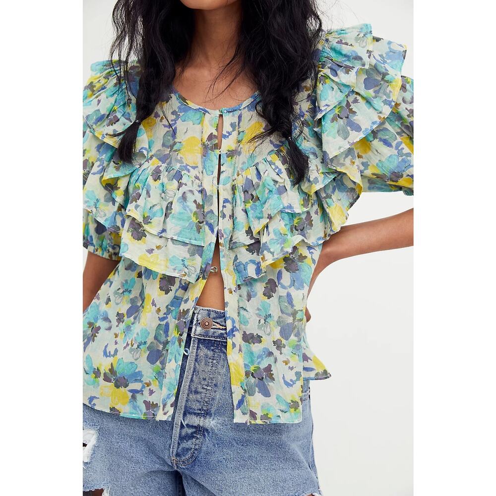 LoveShackFancy Blue Floral Cotton Ruffle Amora Blouse